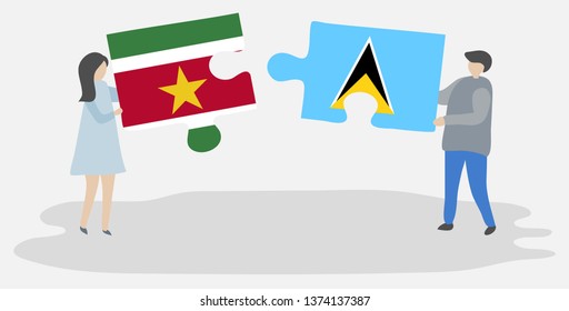 Couple holding two puzzles pieces with Surinamese and Saint Lucian flags. Suriname and Saint Lucia national symbols together.