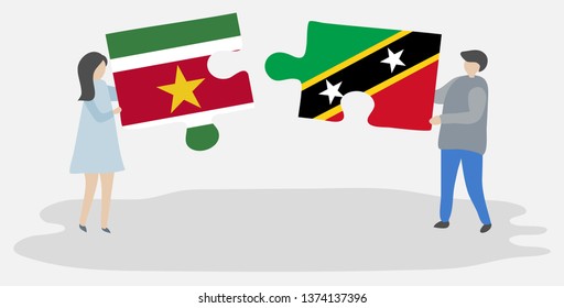 Couple holding two puzzles pieces with Surinamese and Kittitian flags. Suriname and Saint Kitts and Nevis national symbols together.