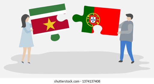Couple holding two puzzles pieces with Surinamese and Portuguese flags. Suriname and Portugal national symbols together.