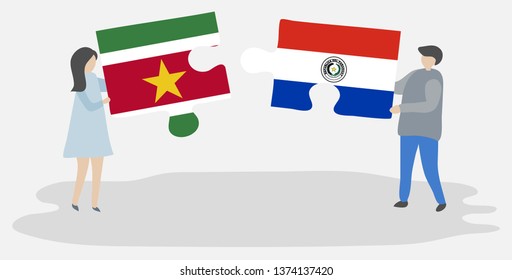 Couple holding two puzzles pieces with Surinamese and Paraguayan flags. Suriname and Paraguay national symbols together.