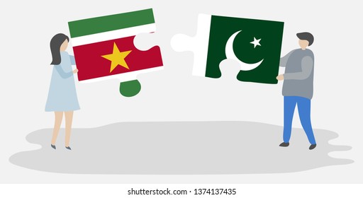 Couple holding two puzzles pieces with Surinamese and Pakistani flags. Suriname and Pakistan national symbols together.