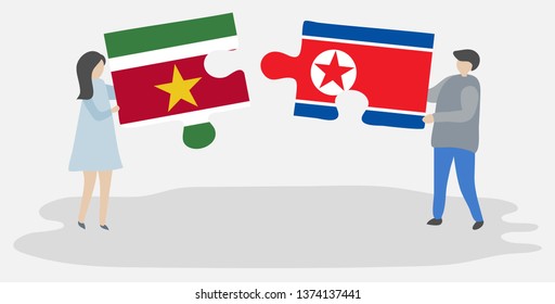 Couple holding two puzzles pieces with Surinamese and North Korean flags. Suriname and North Korea national symbols together.