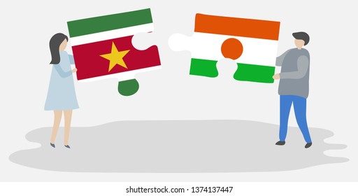 Couple holding two puzzles pieces with Surinamese and Nigerien flags. Suriname and Niger national symbols together.