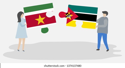 Couple holding two puzzles pieces with Surinamese and Mozambican flags. Suriname and Mozambique national symbols together.