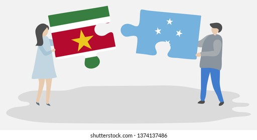 Couple holding two puzzles pieces with Surinamese and Micronesian flags. Suriname and Micronesia national symbols together.