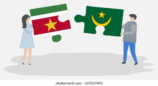 Couple holding two puzzles pieces with Surinamese and Mauritanian flags. Suriname and Mauritania national symbols together.