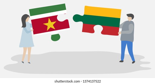 Couple holding two puzzles pieces with Surinamese and Lithuanian flags. Suriname and Lithuania national symbols together.