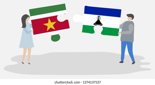 Couple holding two puzzles pieces with Surinamese and Basotho flags. Suriname and Lesotho national symbols together.