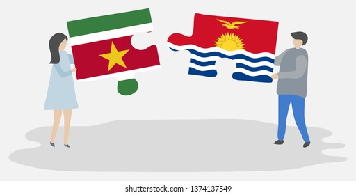 Couple holding two puzzles pieces with Surinamese and I-Kiribati flags. Suriname and Kiribati national symbols together.