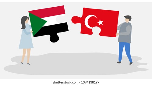 Couple holding two puzzles pieces with Sudanese and Turkish flags. Sudan and Turkey national symbols together.