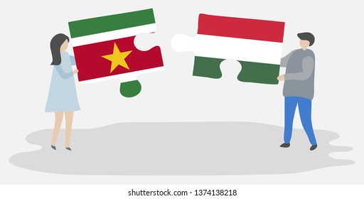 Couple holding two puzzles pieces with Surinamese and Hungarian flags. Suriname and Hungary national symbols together.