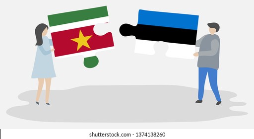 Couple holding two puzzles pieces with Surinamese and Estonian flags. Suriname and Estonia national symbols together.