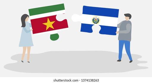 Couple holding two puzzles pieces with Surinamese and Salvadoran flags. Suriname and El Salvador national symbols together.