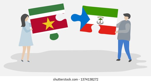 Couple holding two puzzles pieces with Surinamese and Equatorial Guinean flags. Suriname and Equatorial Guinea national symbols together.