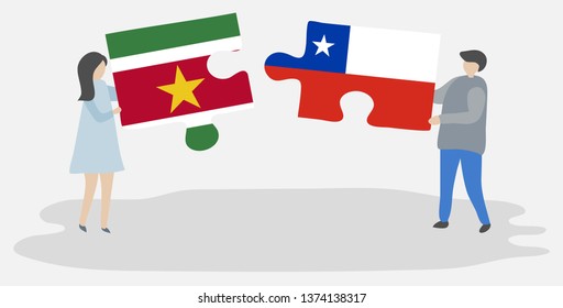 Couple holding two puzzles pieces with Surinamese and Chilean flags. Suriname and Chile national symbols together.