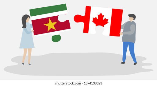 Couple holding two puzzles pieces with Surinamese and Canadian flags. Suriname and Canada national symbols together.