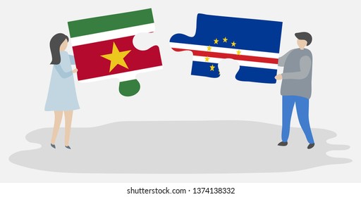 Couple holding two puzzles pieces with Surinamese and Cabo Verdean flags. Suriname and Cape Verde national symbols together.