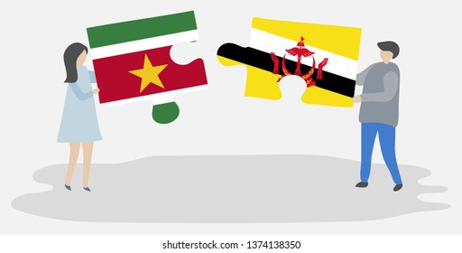 Couple holding two puzzles pieces with Surinamese and Bruneian flags. Suriname and Brunei national symbols together.