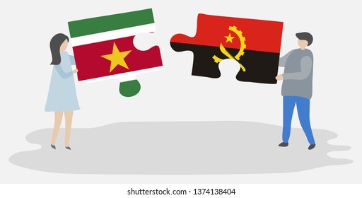 Couple holding two puzzles pieces with Surinamese and Angolan flags. Suriname and Angola national symbols together.
