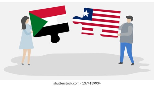 Couple holding two puzzles pieces with Sudanese and Liberian flags. Sudan and Liberia national symbols together.