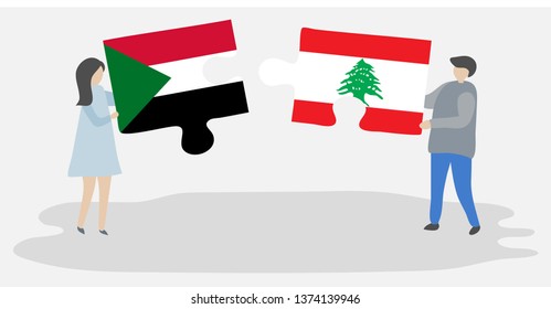 Couple holding two puzzles pieces with Sudanese and Lebanese flags. Sudan and Lebanon national symbols together.