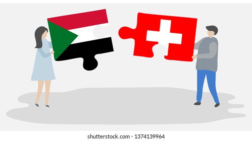 Couple holding two puzzles pieces with Sudanese and Swiss flags. Sudan and Switzerland national symbols together.