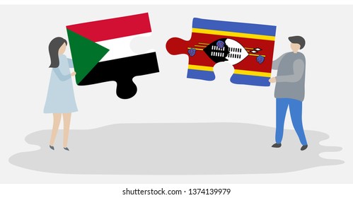 Couple holding two puzzles pieces with Sudanese and Swazi flags. Sudan and Swaziland national symbols together.