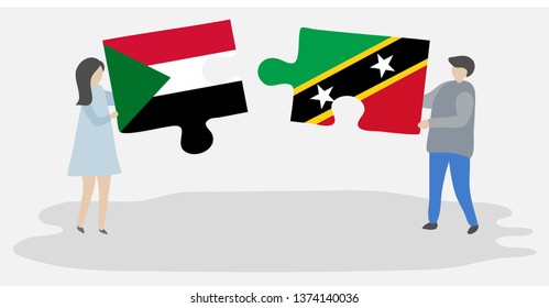 Couple holding two puzzles pieces with Sudanese and Kittitian flags. Sudan and Saint Kitts and Nevis national symbols together.