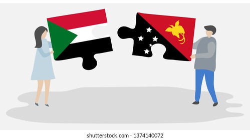 Couple holding two puzzles pieces with Sudanese and Papuan flags. Sudan and Papua New Guinea national symbols together.