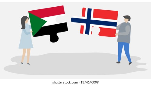 Couple holding two puzzles pieces with Sudanese and Norwegian flags. Sudan and Norway national symbols together.