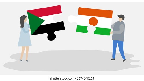Couple holding two puzzles pieces with Sudanese and Nigerien flags. Sudan and Niger national symbols together.