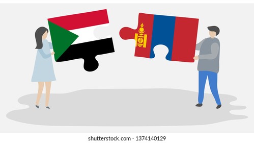 Couple holding two puzzles pieces with Sudanese and Mongolian flags. Sudan and Mongolia national symbols together.