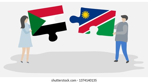 Couple holding two puzzles pieces with Sudanese and Namibian flags. Sudan and Namibia national symbols together.