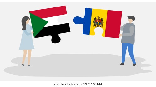 Couple holding two puzzles pieces with Sudanese and Moldovan flags. Sudan and Moldova national symbols together.