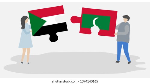 Couple holding two puzzles pieces with Sudanese and Maldivian flags. Sudan and Maldives national symbols together.