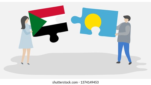 Couple holding two puzzles pieces with Sudanese and Palauan flags. Sudan and Palau national symbols together.