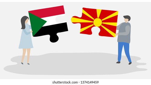 Couple holding two puzzles pieces with Sudanese and Macedonian flags. Sudan and Macedonia national symbols together.