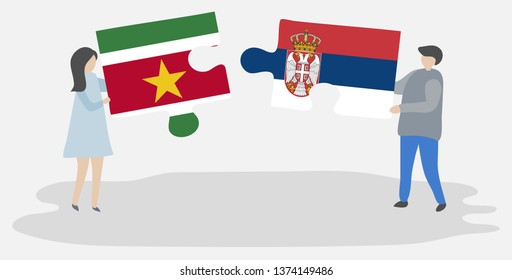 Couple holding two puzzles pieces with Surinamese and Serbian flags. Suriname and Serbia national symbols together.