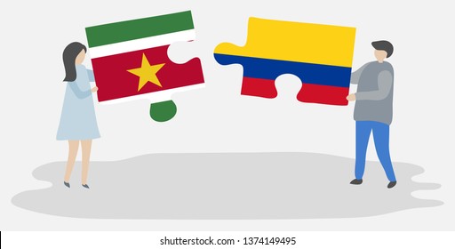 Couple holding two puzzles pieces with Surinamese and Colombian flags. Suriname and Colombia national symbols together.
