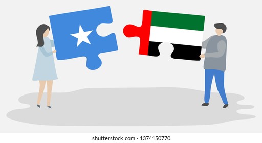 Couple holding two puzzles pieces with Somali and Emirian flags. Somalia and United Arab Emirates national symbols together.