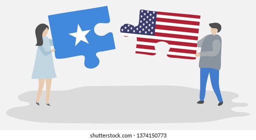 Couple Holding Two Puzzles Pieces With Somali And American Flags. Somalia And United States Of America National Symbols Together.