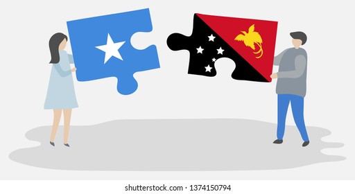 Couple holding two puzzles pieces with Somali and Papuan flags. Somalia and Papua New Guinea national symbols together.