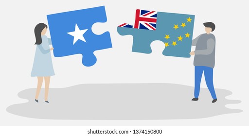 Couple holding two puzzles pieces with Somali and Tuvaluan flags. Somalia and Tuvalu national symbols together.