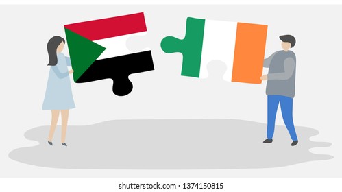 Couple holding two puzzles pieces with Sudanese and Irish flags. Sudan and Ireland national symbols together.