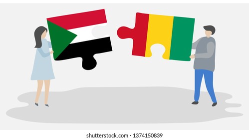Couple holding two puzzles pieces with Sudanese and Guinean flags. Sudan and Guinea national symbols together.