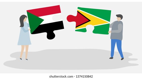 Couple holding two puzzles pieces with Sudanese and Guyanese flags. Sudan and Guyana national symbols together.