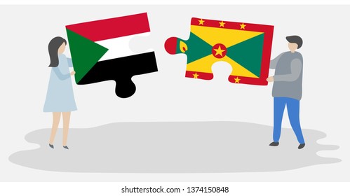 Couple holding two puzzles pieces with Sudanese and Grenadian flags. Sudan and Grenada national symbols together.