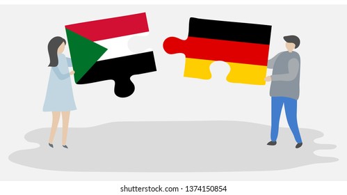 Couple holding two puzzles pieces with Sudanese and German flags. Sudan and Germany national symbols together.