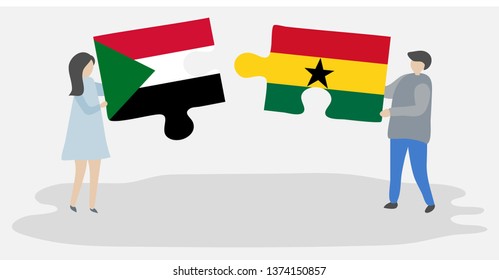 Couple holding two puzzles pieces with Sudanese and Ghanaian flags. Sudan and Ghana national symbols together.