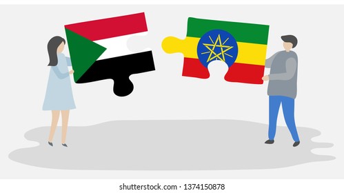 Couple holding two puzzles pieces with Sudanese and Ethiopian flags. Sudan and Ethiopia national symbols together.